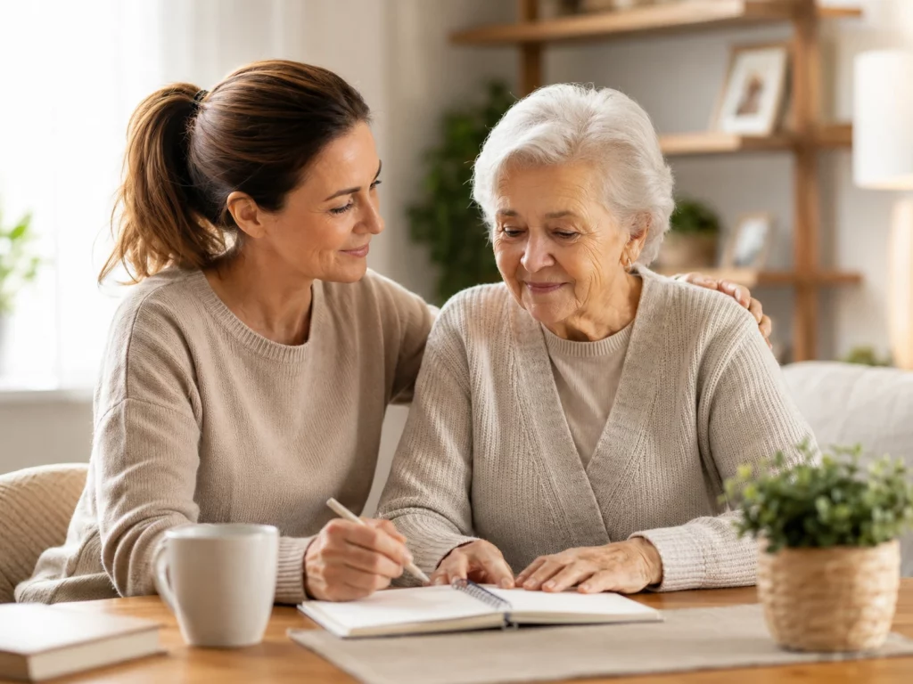 Familiar realizando una actividad de estimulación cognitiva con una persona con Alzheimer