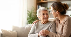 Familiar acompañando a una persona mayor recién diagnosticada de Alzheimer