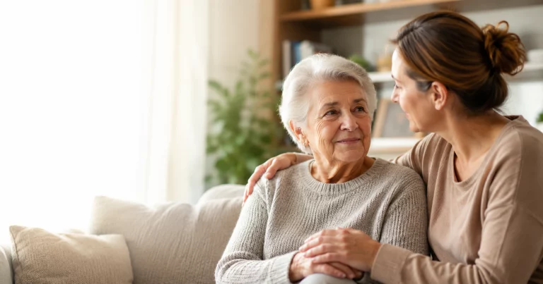 Familiar acompañando a una persona mayor recién diagnosticada de Alzheimer