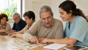 Profesional guiando ejercicios de memoria y estimulación cognitiva para personas mayores